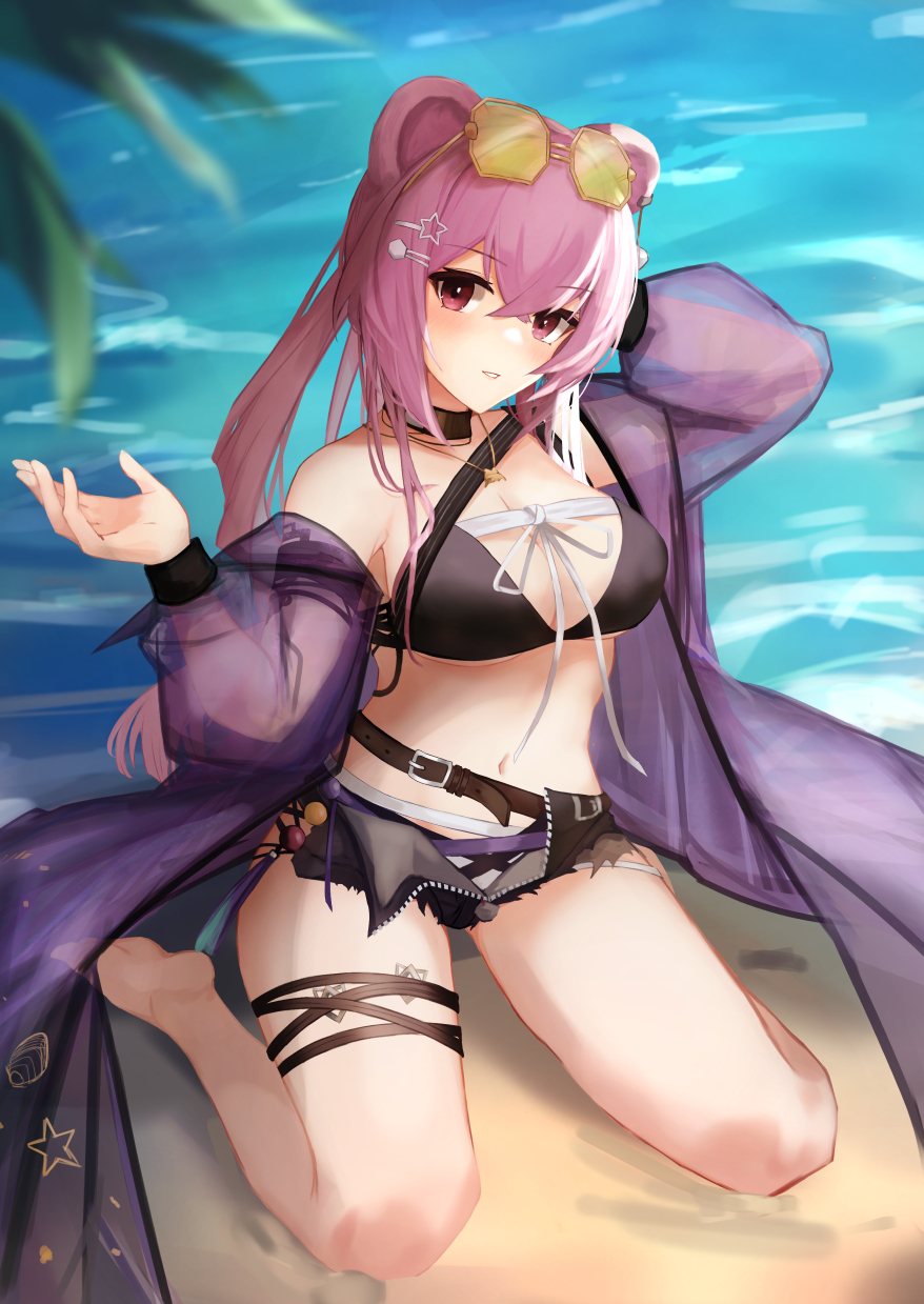 1girl, animal_ears, arknights, beach, bikini, black_bikini, black_choker, black_shorts