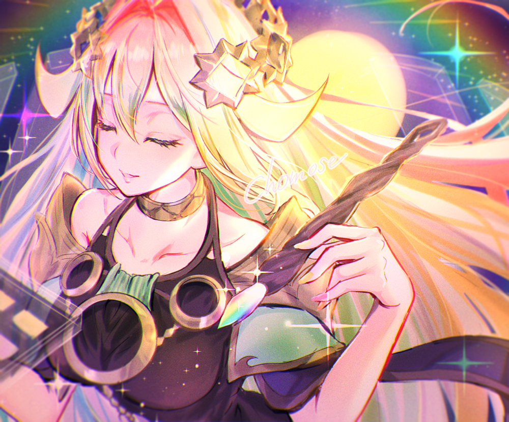 1girl, armor, bangs, blonde_hair, blue_hair, breasts, chomose, circlet, closed_eyes, collarbone, dress, duel_monster, green_hair, holding, holding_paintbrush, holding_palette, jewelry, long_hair, multicolored_hair, neck_ring, paintbrush, palette_(object), parted_lips, rainbow_hair, redhead, shoulder_armor, solo, the_weather_painter_moonbow, yu-gi-oh!