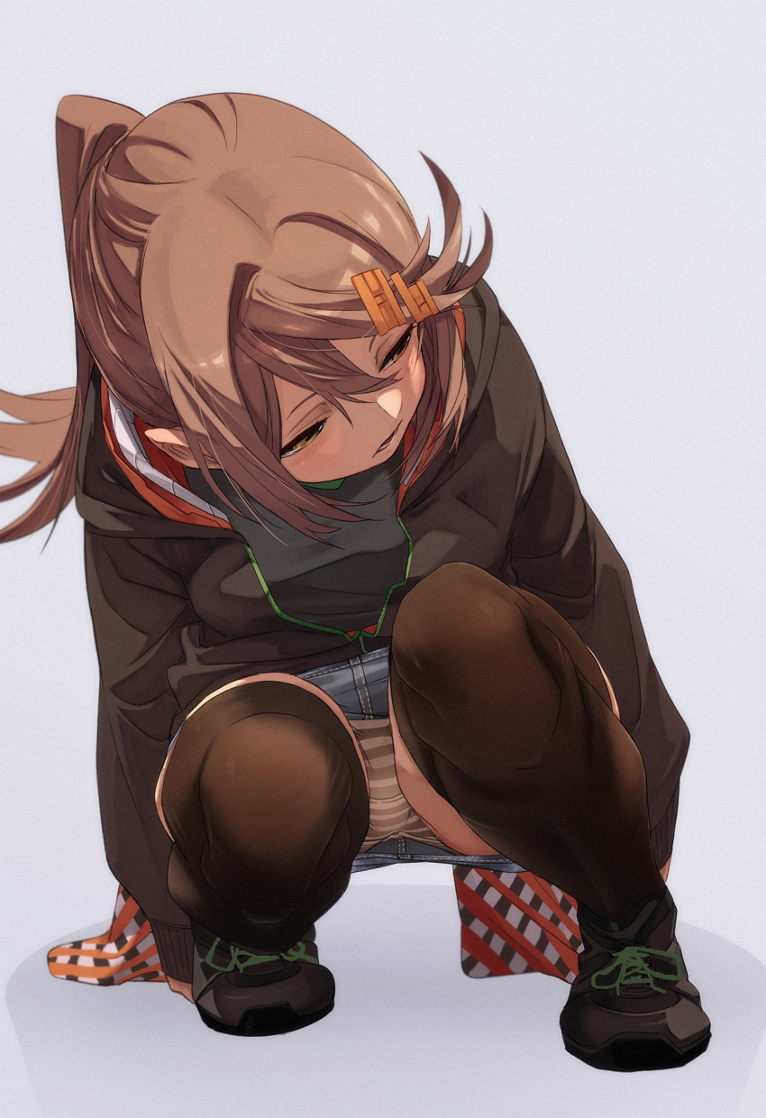 1girl, black_legwear, blush, breasts, brown_eyes, brown_hair, denim, denim_skirt
