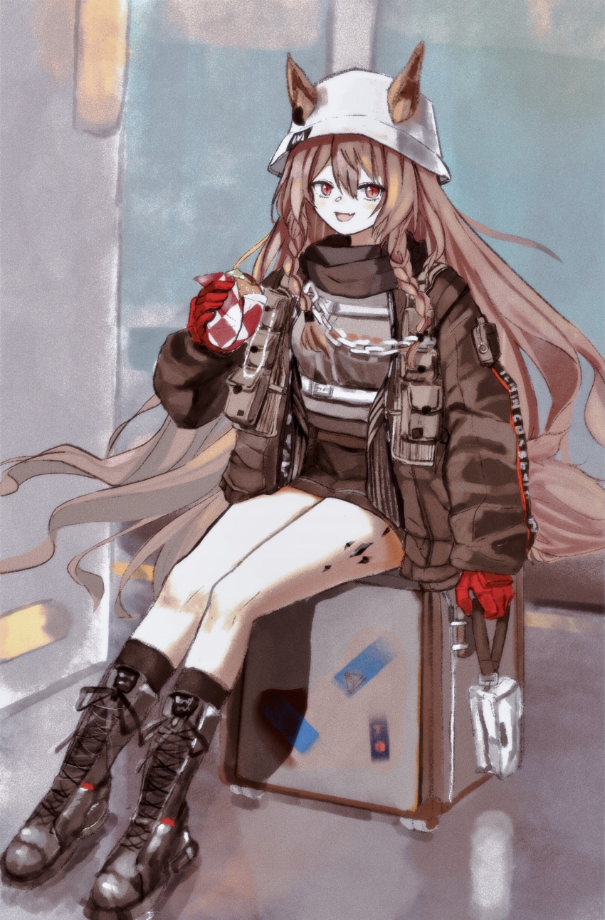 1326496175, 1girl, :d, absurdres, arknights, black_footwear, boots, braid