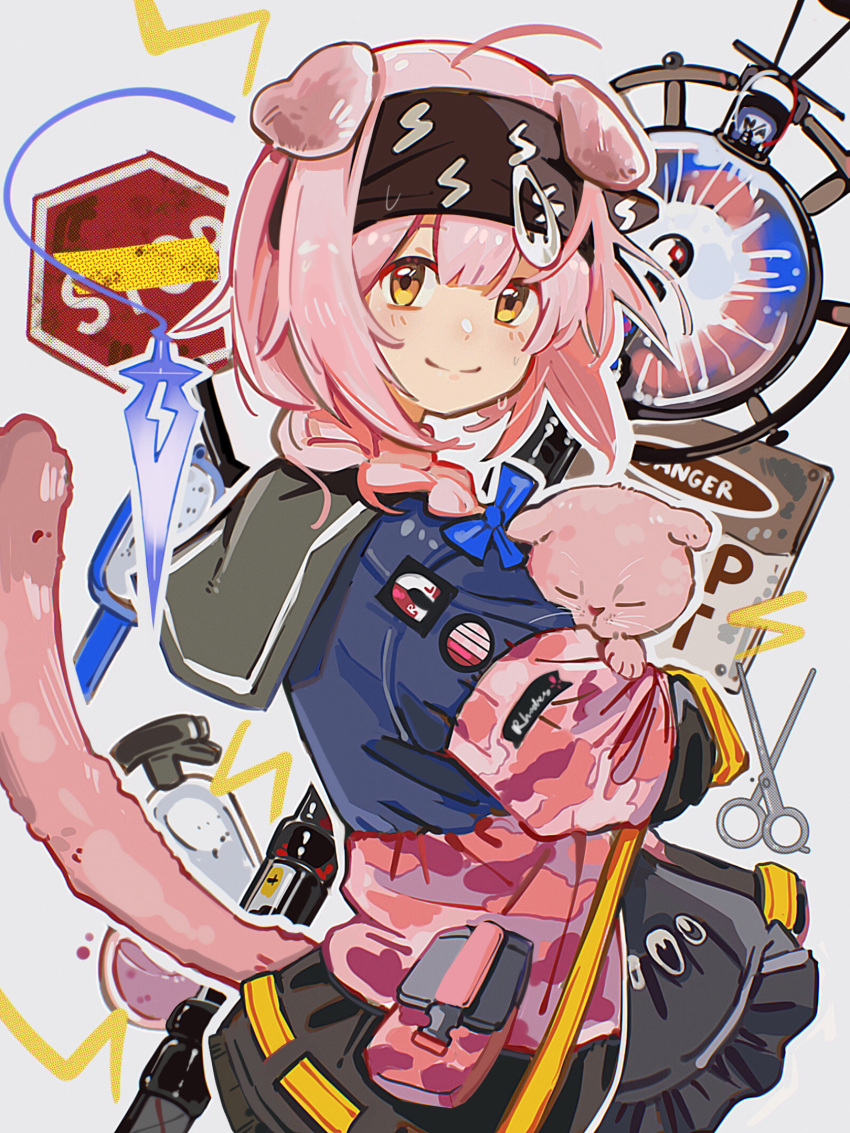 1girl, ahoge, animal, animal_ears, arknights, bangs, black_hairband, black_skirt