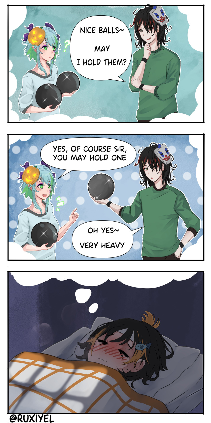 >_<, 1boy, 2girls, absurdres, bangs, black_hair, blue_hair, blush, brown_hair, bsapricot_(vtuber), dreaming, fish_hair_ornament, green_hair, green_shirt, hair_ornament, hand_in_pocket, hand_on_own_chin, highres, horns, jack-o'-lantern, jack-o'-lantern_hair_ornament, mask, mask_on_head, multicolored_hair, multiple_girls, multiple_horns, nijisanji, nijisanji_en, open_mouth, orange_hair, petra_gurin, pointing, redhead, ruciel, shirt, smile, streaked_hair, virtual_youtuber, vox_akuma, vshojo, yellow_eyes