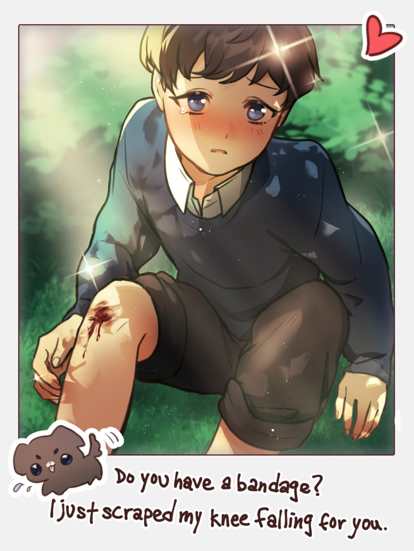 1boy, 69pou, blood, blue_eyes, blush, brown_hair, crying, go_home_club, happy_valentine, heart, highres, long_sleeves, looking_at_viewer, looking_up, male_focus, pale_skin, roku_(vtuber), shorts, solo, tearing_up, valentine