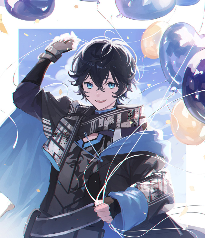1boy, axia_krone, bangs, belt, black_gloves, black_jacket, black_scarf, black_shirt