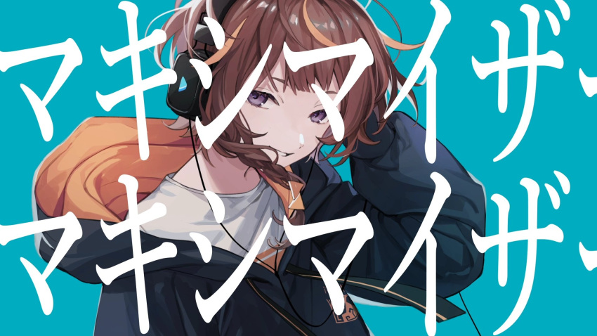 1girl, anya_melfissa, black_jacket, blue_background, braid, brown_hair, flat_chest, head_tilt