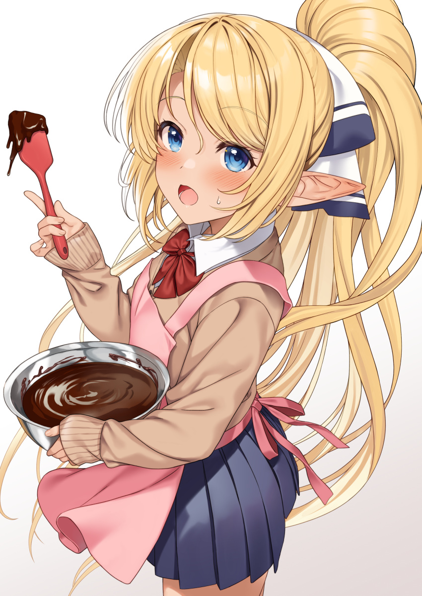 1girl, absurdres, apron, blonde_hair, blue_eyes, blue_skirt, blush, bow