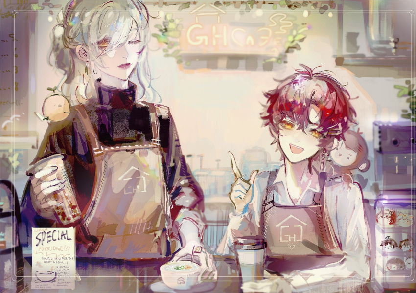 2boys, animal_on_shoulder, apron, cafe, coffee, cup, go_home_club, highres
