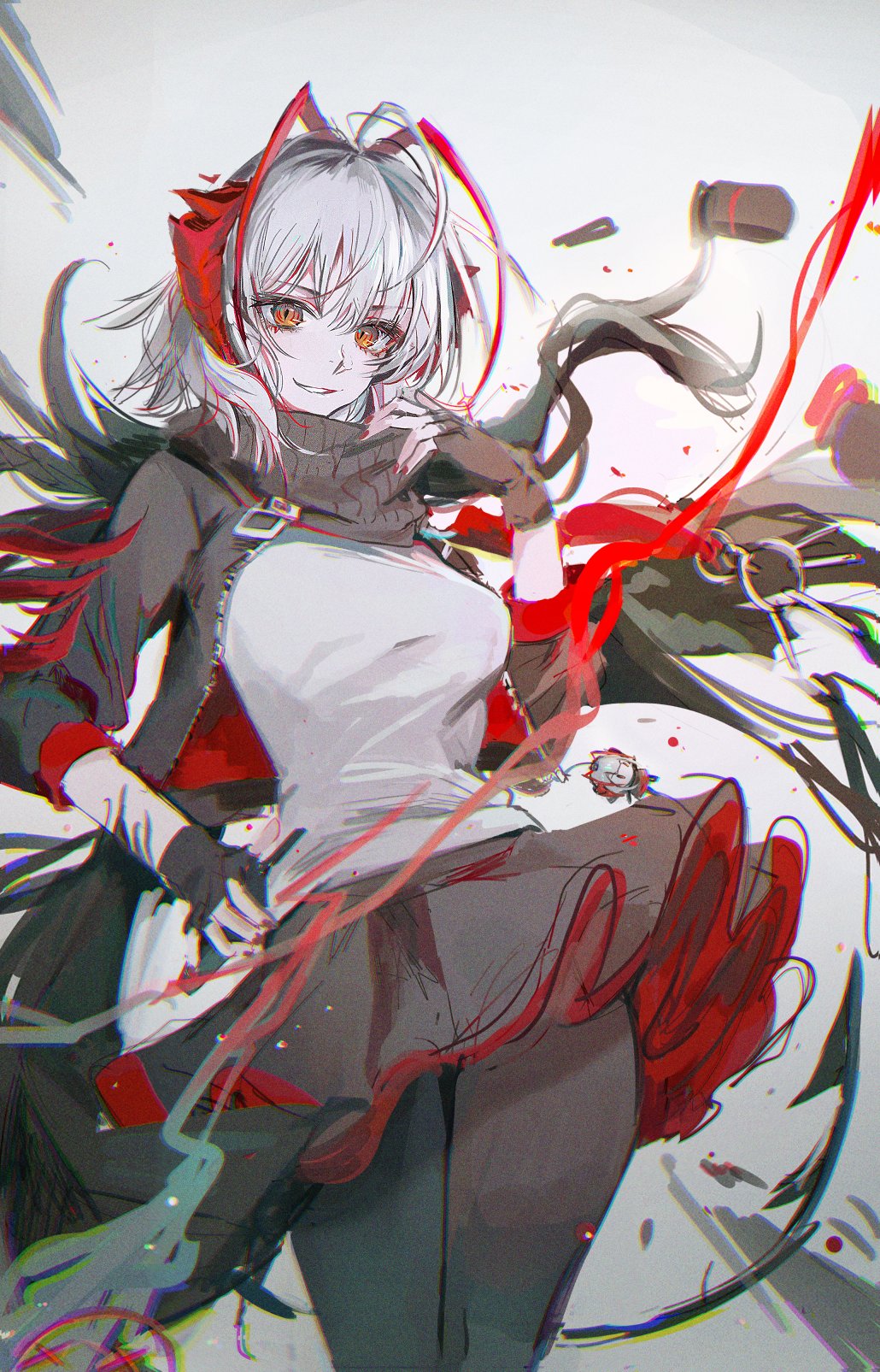 0m1nyu, 1girl, ahoge, antennae, arknights, black_gloves, black_legwear, black_scarf, black_skirt, cowboy_shot, demon_girl, demon_horns, demon_tail, fingerless_gloves, gloves, grey_hair, hand_up, highres, horns, orange_eyes, pantyhose, scar, scar_on_arm, scarf, shell_casing, short_hair, sketch, skirt, solo, tail, w_(arknights), white_background