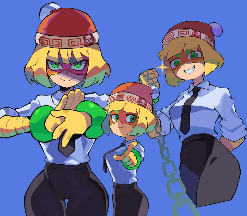 1girl, absurdres, arms_(game), bangle, beanie, black_necktie, black_pants, blonde_hair