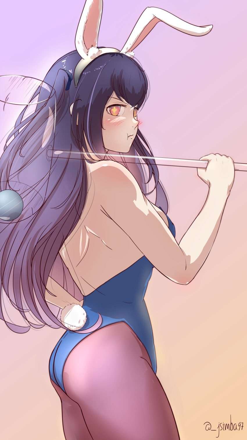 >:(, 1girl, absurdres, alternate_costume, animal_ears, annoyed, ass, bare_arms