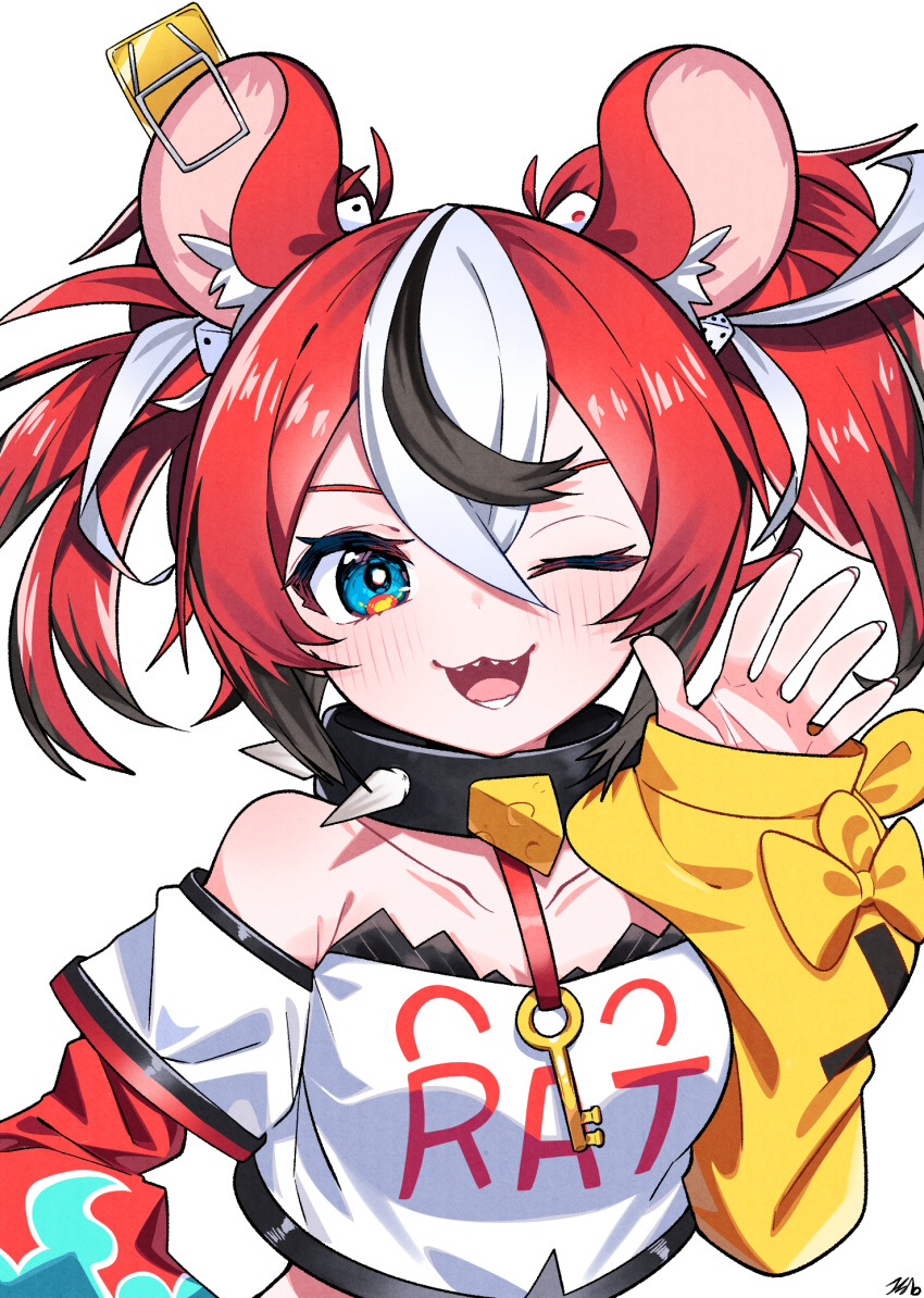 1girl, ;d, animal_ear_fluff, animal_ears, bare_shoulders, black_hair, blue_eyes, blush
