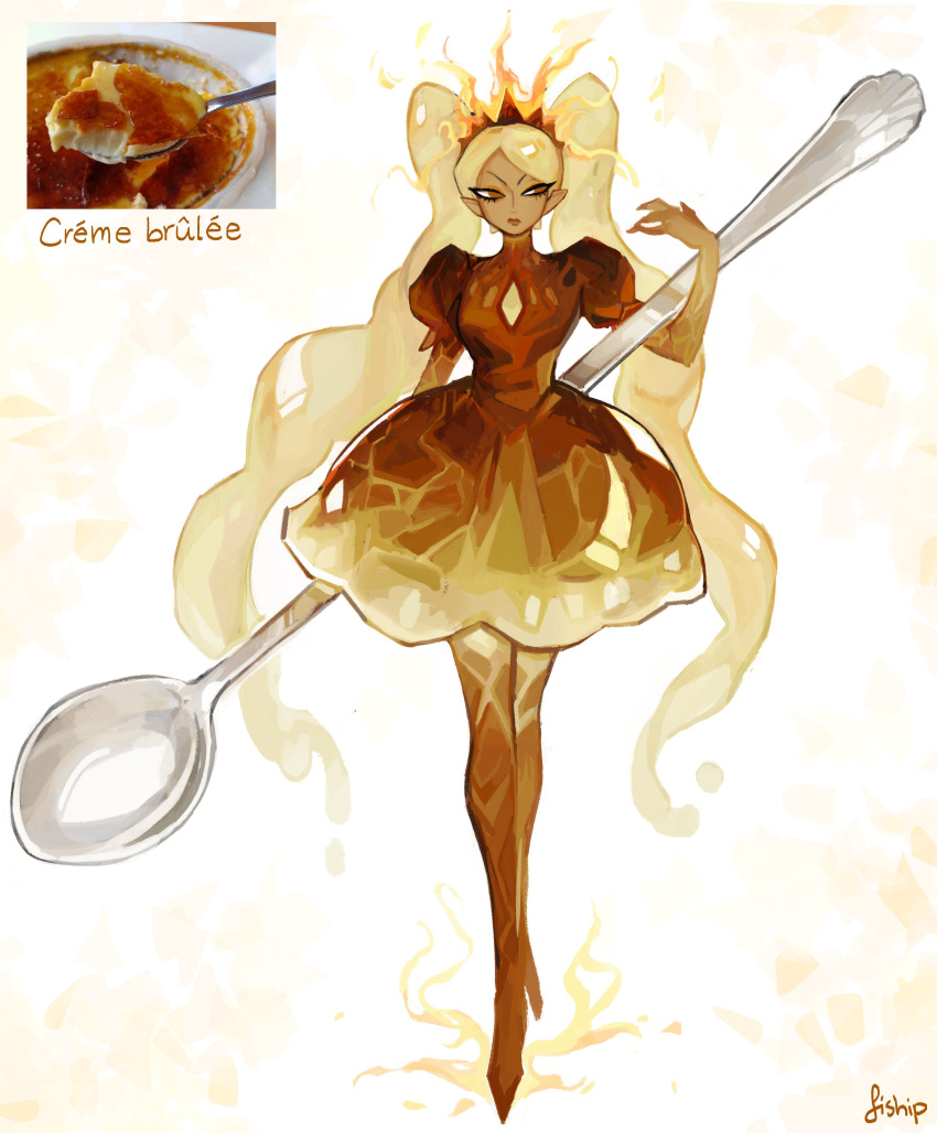 1girl, absurdres, artist_name, cleavage_cutout, clothing_cutout, commentary, creme_brulee, crown, dress, english_commentary, full_body, highres, matilda_fiship, original, oversized_object, personification, puffy_short_sleeves, puffy_sleeves, reference_inset, short_sleeves, simple_background, solo, spoon, twintails