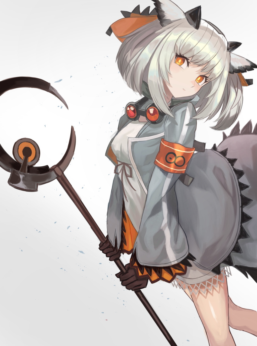 1girl, absurdres, arknights, armband, dress, feet_out_of_frame, goggles, goggles_around_neck, grey_hair, grey_jacket, head_tilt, highres, holding, holding_staff, jacket, looking_at_viewer, ojisan_kamo_shiremasen, open_clothes, open_jacket, orange_eyes, owl_ears, ptilopsis_(arknights), rhine_lab_logo, short_hair, simple_background, solo, staff, white_background, white_dress