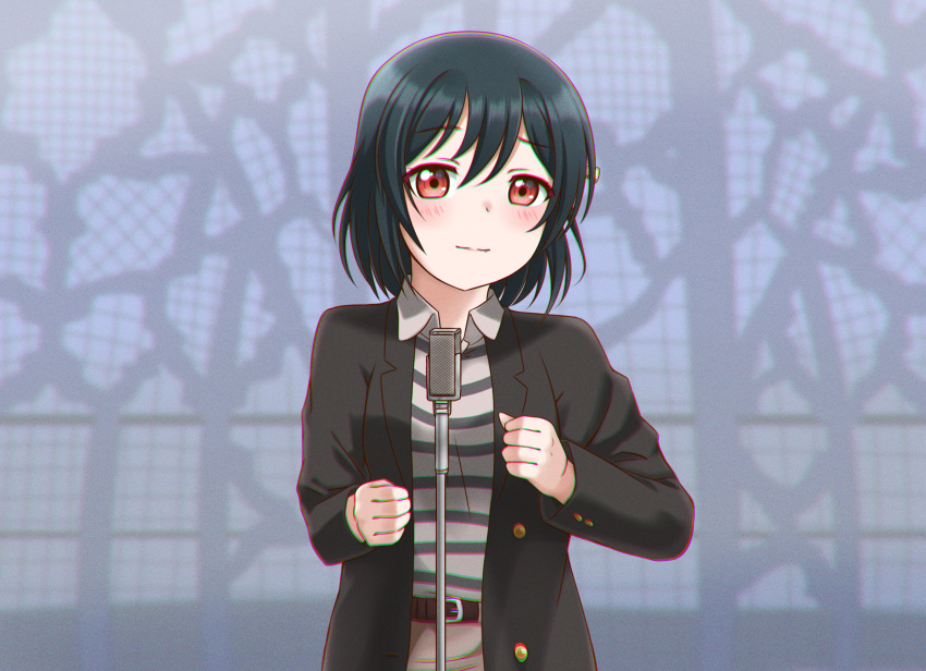 1girl, belt, black_hair, closed_mouth, cosplay, eyebrows_visible_through_hair, highres, jan_azure