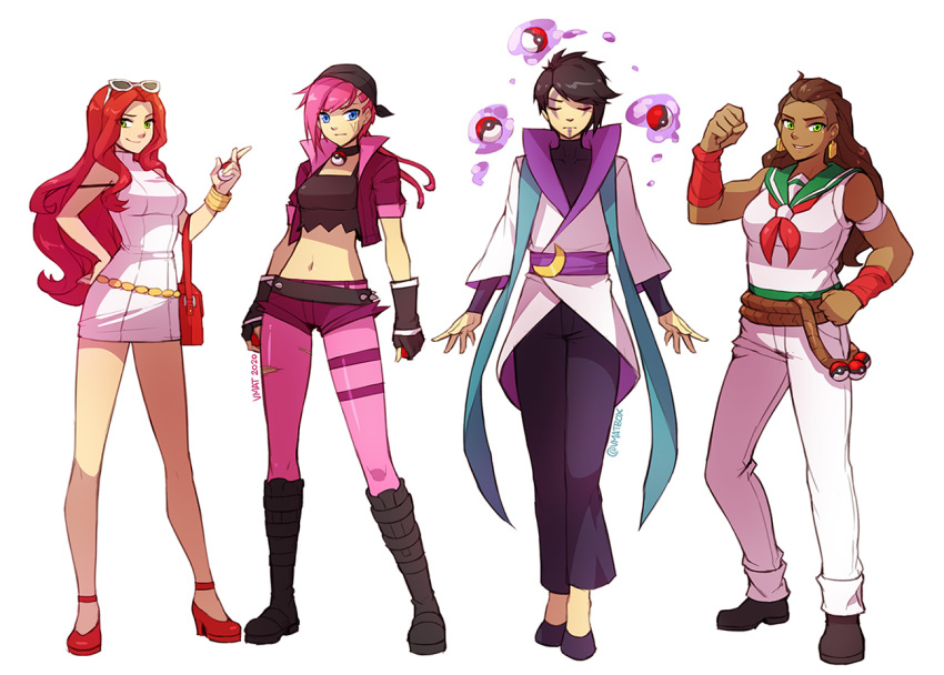 1boy, 3girls, aphelios, bangs, black_choker, black_gloves, black_hair, blue_eyes