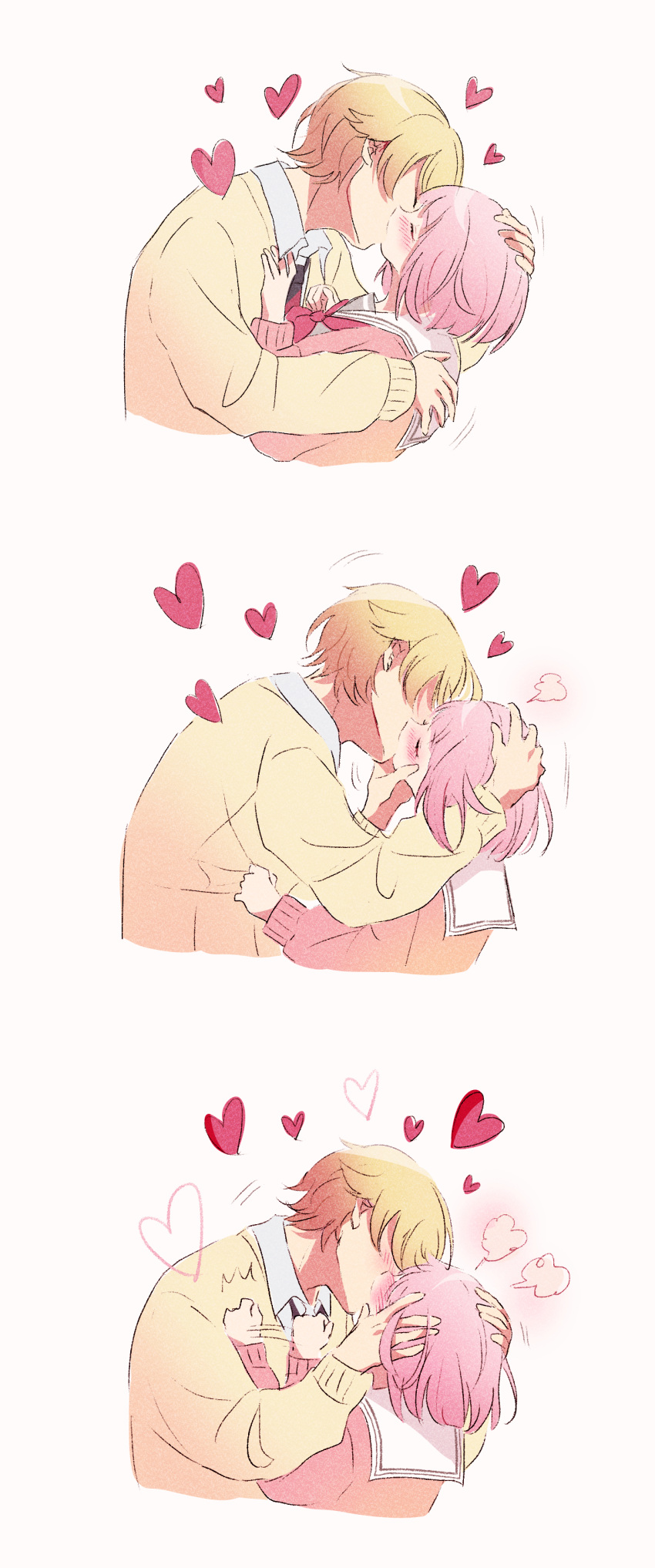 1boy, 1girl, absurdres, blonde_hair, blush, closed_eyes, french_kiss, hands_on_another's_head, heart, hetero, highres, kiss, long_sleeves, momomo_(m0_3), ootori_emu, pink_hair, pink_sweater, project_sekai, sailor_collar, school_uniform, short_hair, simple_background, sweater, tenma_tsukasa, white_sailor_collar, yellow_sweater