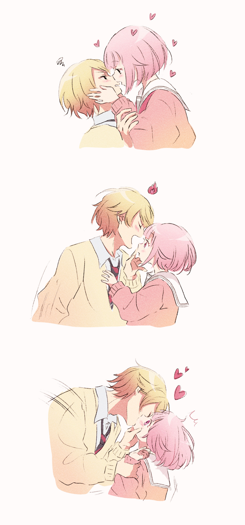 1boy, 1girl, absurdres, blonde_hair, face-to-face, french_kiss, heart, hetero, highres, kiss, looking_at_another, momomo_(m0_3), necktie, ootori_emu, pink_hair, pink_sweater, project_sekai, sailor_collar, school_uniform, short_hair, simple_background, sweater, tenma_tsukasa, white_sailor_collar, yellow_sweater