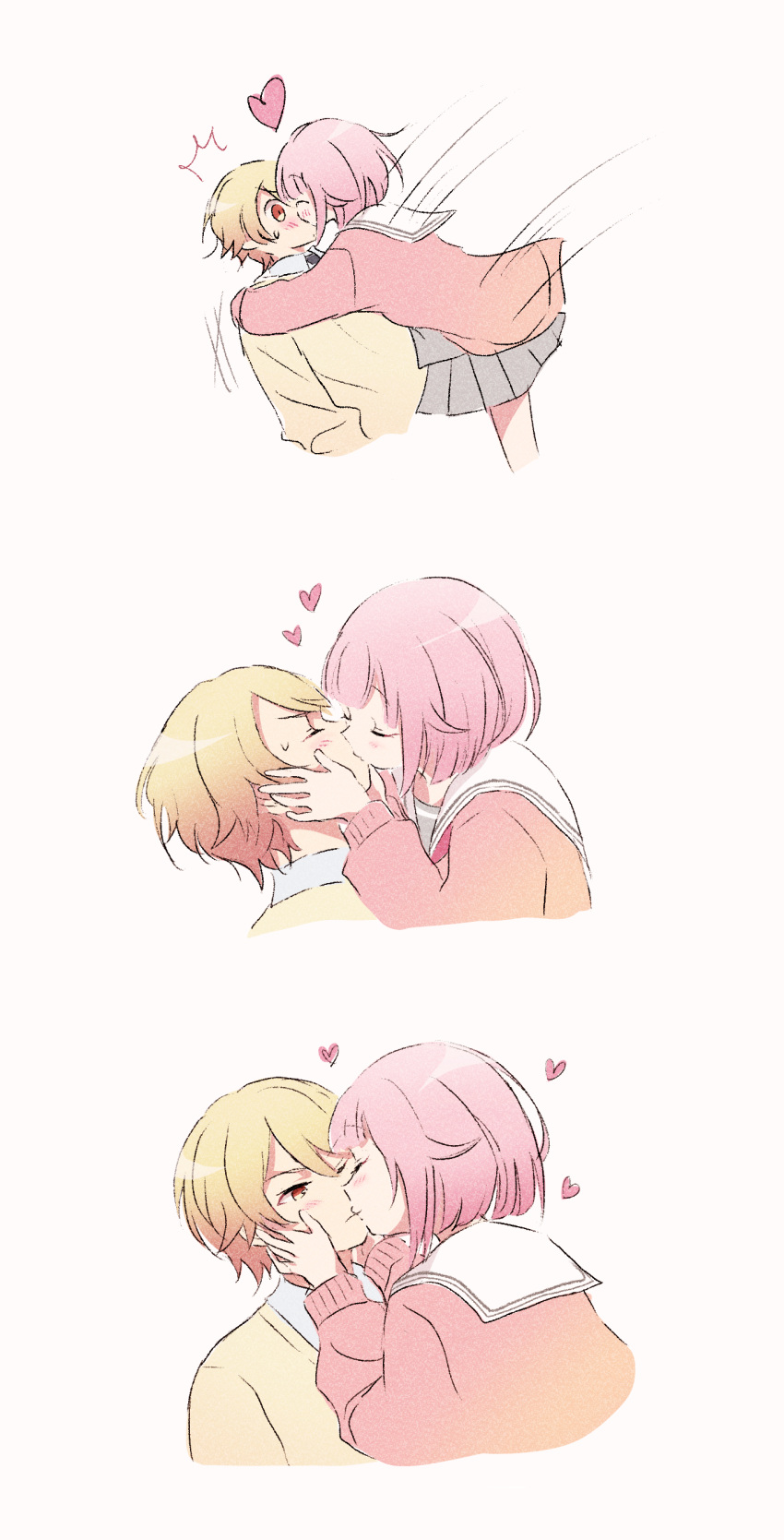 1boy, 1girl, absurdres, blonde_hair, blush, closed_eyes, french_kiss, grey_skirt