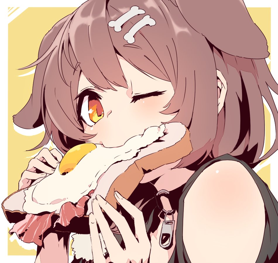 1girl, animal_ears, bacon, bangs, black_shirt, bone_hair_ornament, brown_eyes, brown_hair, choker, commentary_request, dog_ears, eating, extra_ears, eyebrows_visible_through_hair, food, food_in_mouth, fried_egg, hair_ornament, hands_up, hashiguma, hololive, inugami_korone, looking_at_viewer, o-ring, o-ring_choker, one_eye_closed, shirt, short_eyebrows, simple_background, solo, toast, virtual_youtuber