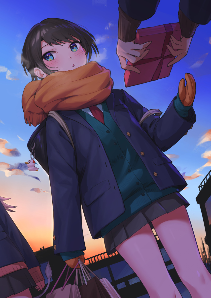 3girls, absurdres, bag, bangs, black_skirt, blue_jacket, blush, box, brown_hair, clouds, commentary_request, dutch_angle, gift, gift_box, giving, highres, holding, holding_bag, holding_box, hololive, jacket, long_sleeves, looking_away, multiple_girls, necktie, nemoto_yuuma, oozora_subaru, open_clothes, open_jacket, orange_mittens, orange_scarf, outdoors, parted_lips, pleated_skirt, red_necktie, scarf, shishiro_botan, short_hair, sideways_glance, skirt, sky, subaru_duck, sweatdrop, virtual_youtuber