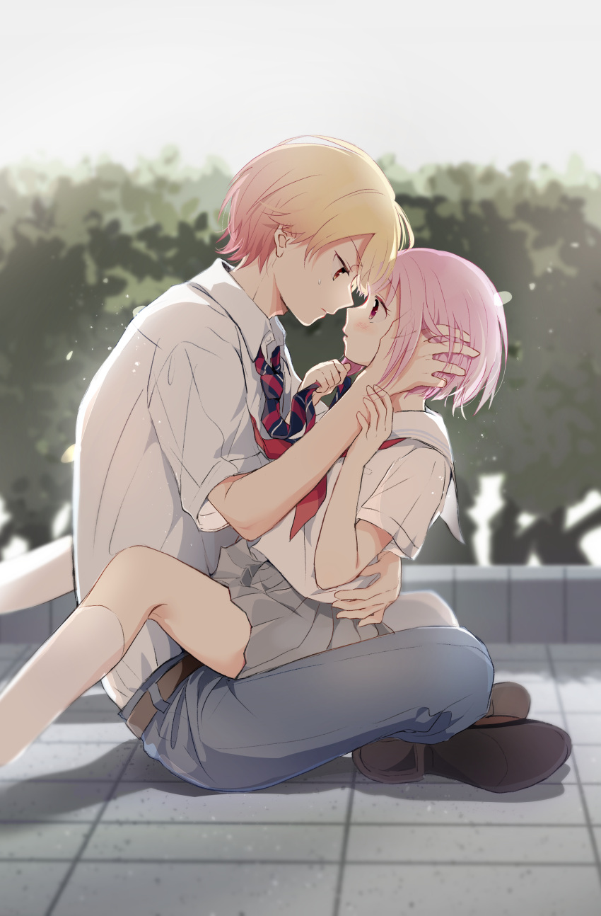 1boy, 1girl, absurdres, blonde_hair, blue_pants, blurry, blurry_background, bush