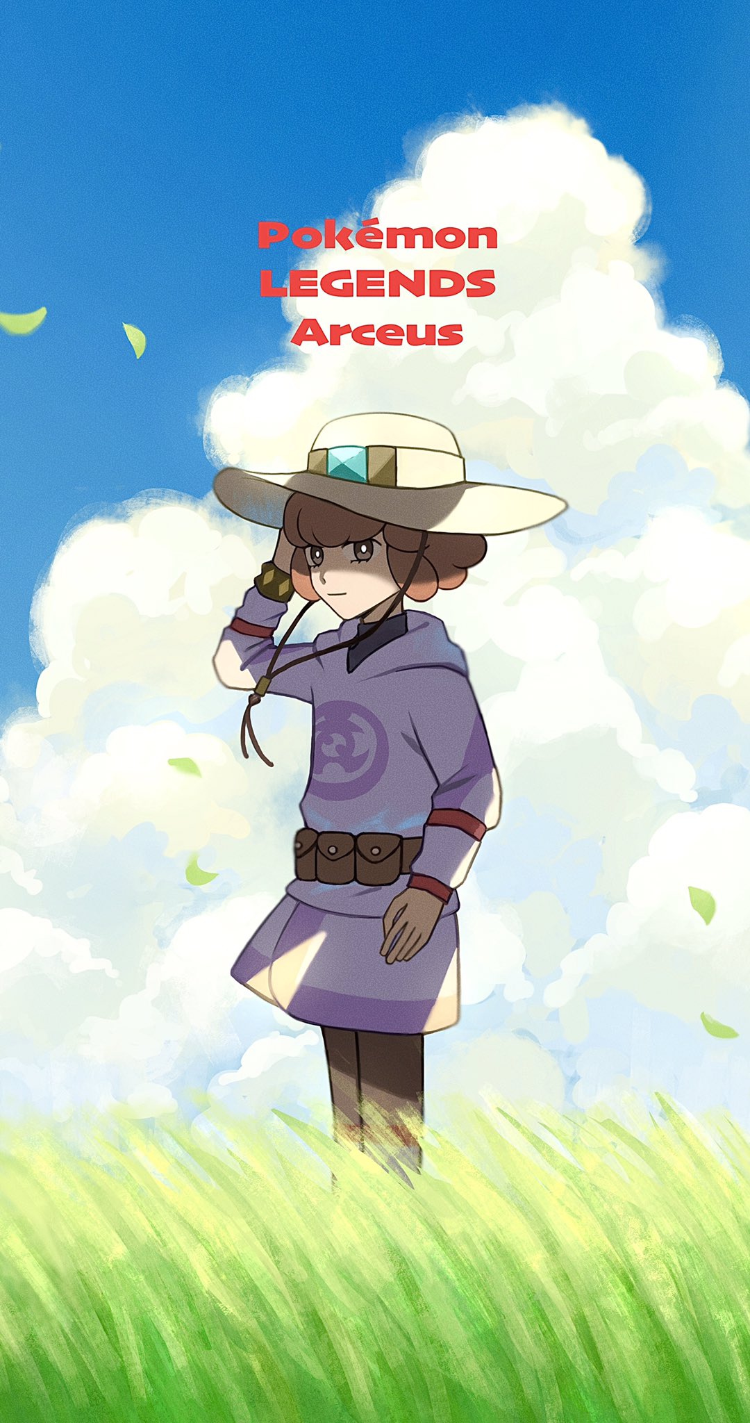 1boy, bangs, bright_pupils, brown_bag, brown_eyes, brown_hair, brown_legwear, closed_mouth, clouds, commentary_request, copyright_name, day, grass, hand_up, hat, highres, jacket, leaves_in_wind, lian_(pokemon), long_sleeves, male_focus, mattan_(cheeses02), outdoors, pantyhose, pokemon, pokemon_(game), pokemon_legends:_arceus, short_hair, skirt, sky, solo, standing, white_pupils