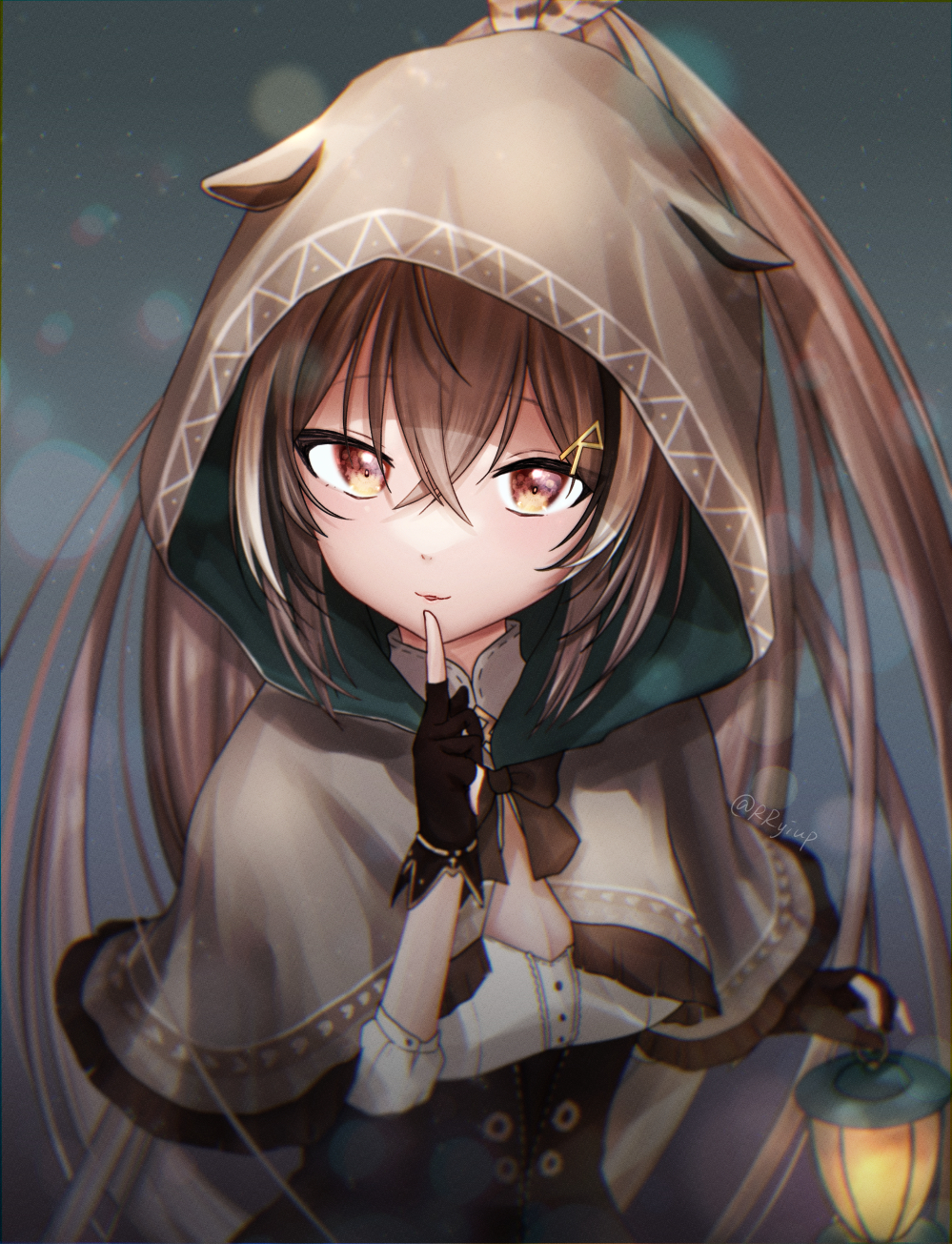 1girl, bangs, blurry, bokeh, brown_capelet, brown_cloak, brown_corset, brown_eyes