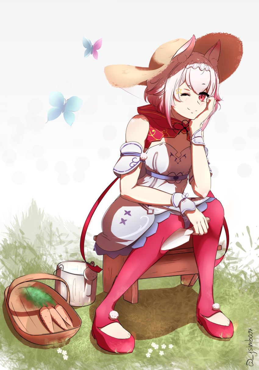 1girl, animal_ear_fluff, animal_ears, armband, basket, blush, bug, butterfly