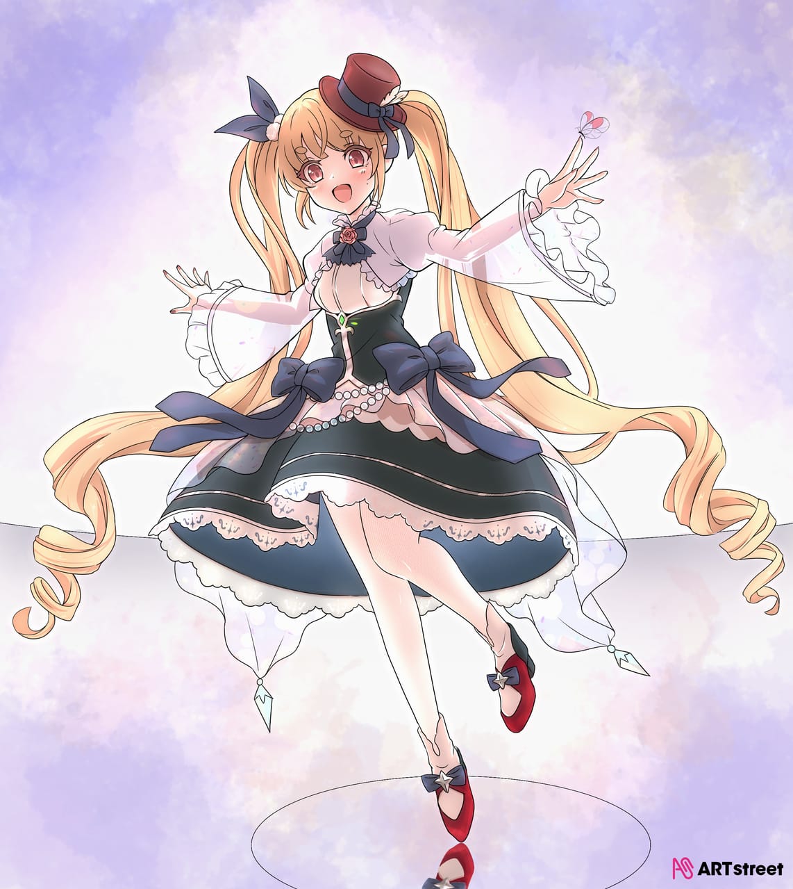 1girl, :d, ankle_boots, backlighting, blonde_hair, blue_bow, blue_footwear, blue_ribbon