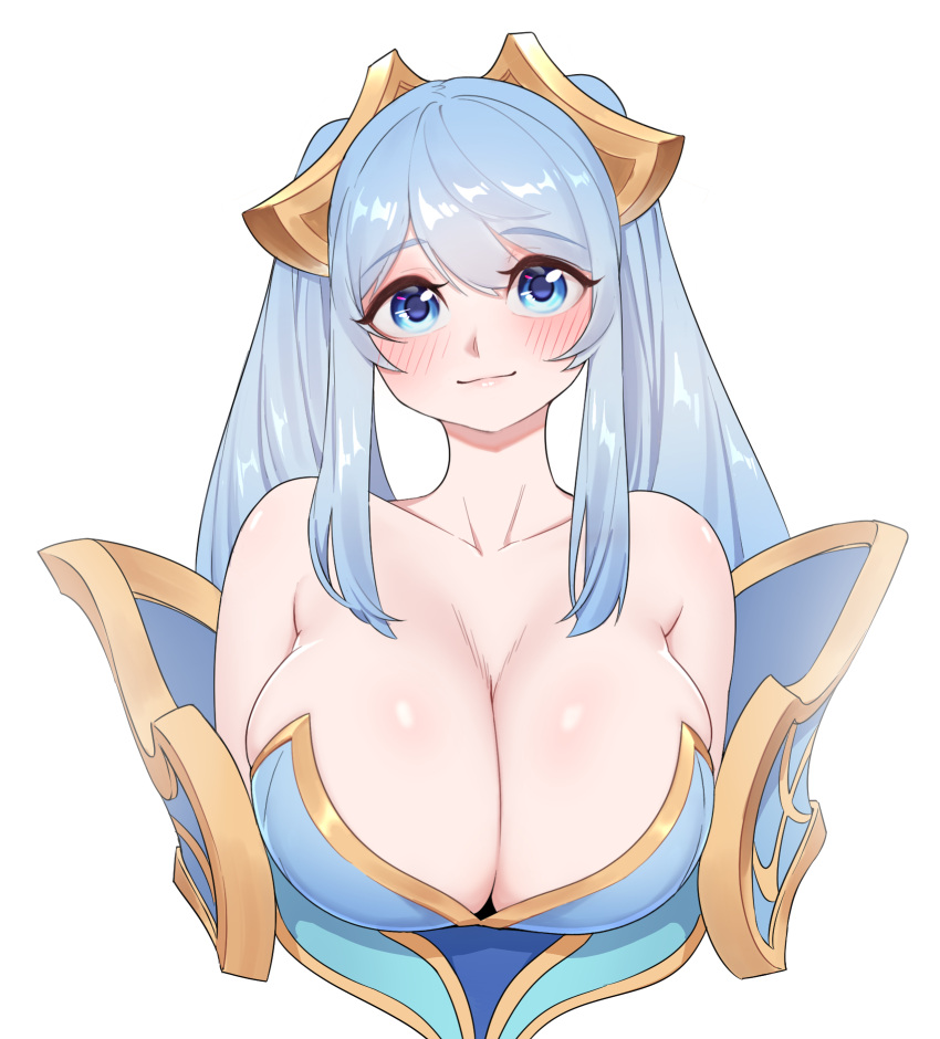 1girl, bare_shoulders, blue_eyes, blue_hair, blush, breasts, closed_mouth, head_tilt, highres, huge_breasts, league_of_legends, long_hair, looking_at_viewer, simple_background, smile, solo, sona_(league_of_legends), sona_buvelle, twintails, upper_body, white_background, yabby