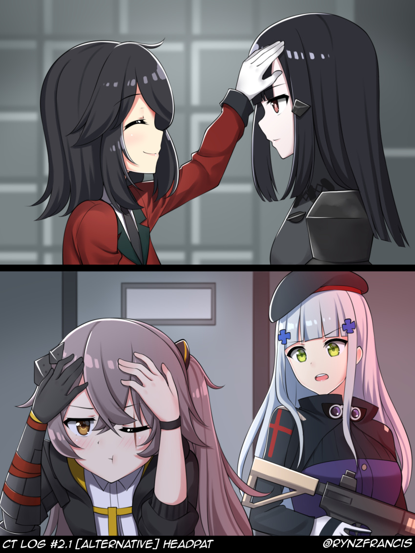 4girls, assault_rifle, beret, black_hair, closed_eyes, female_commander_(girls'_frontline), girls_frontline, gloves