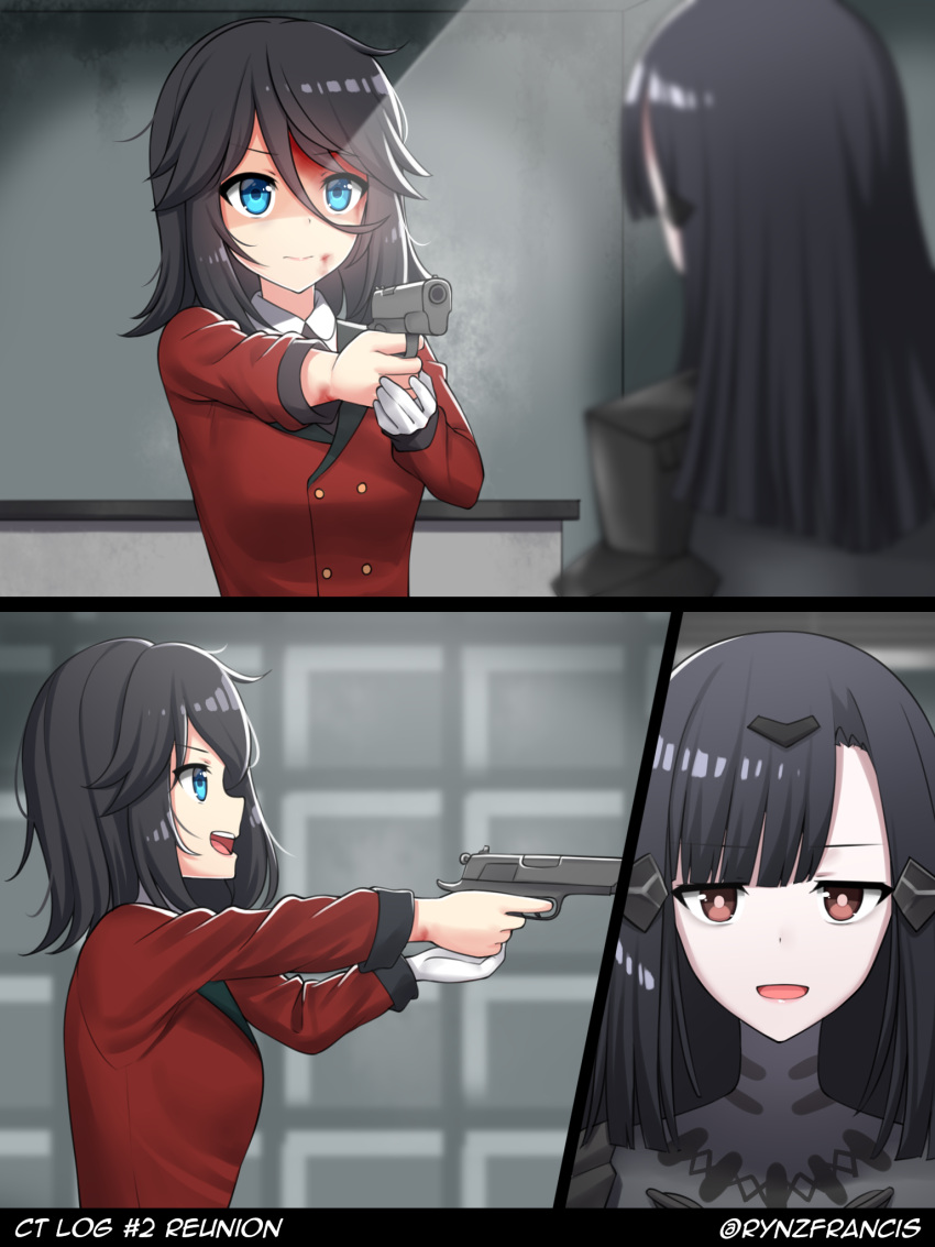 2girls, black_hair, blood, blood_from_mouth, blue_eyes, brown_eyes, bruise, bruise_on_face