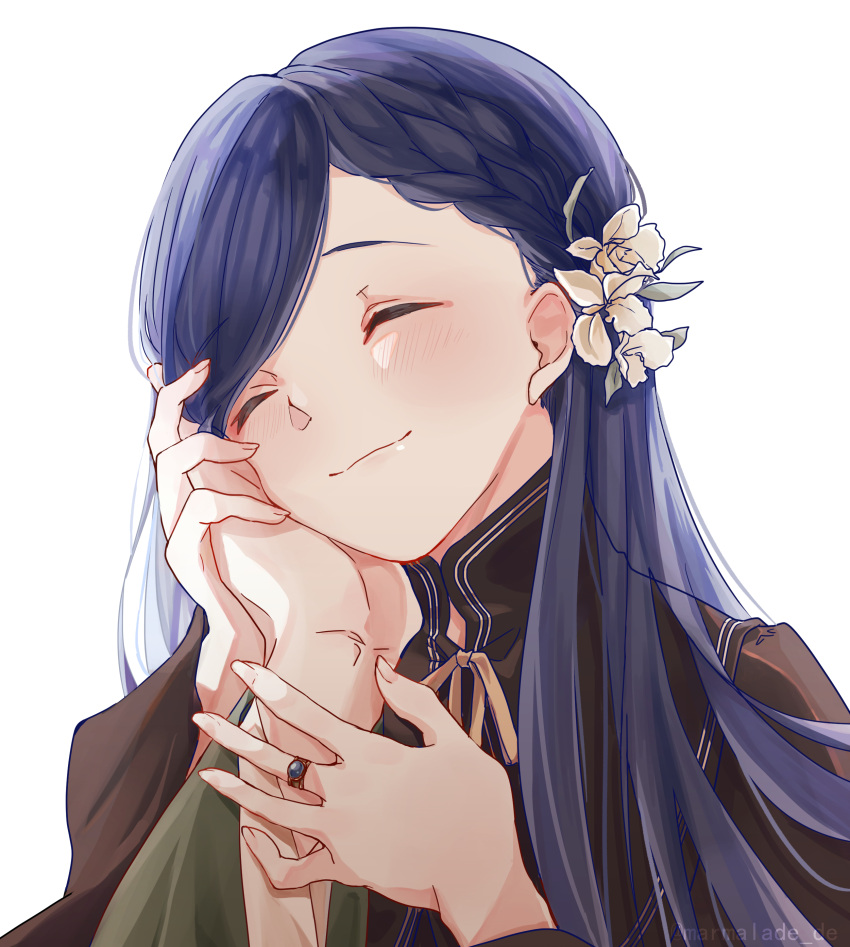 1girl, :3, absurdres, black_shirt, blue_hair, blush, braid, closed_eyes