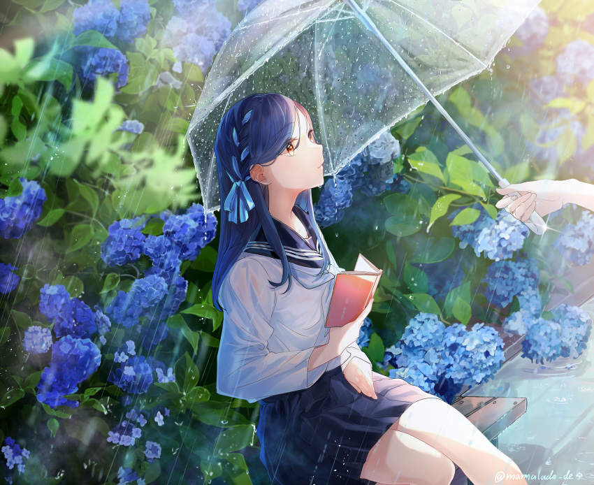 1girl, absurdres, black_skirt, blue_flower, blue_hair, blue_ribbon, blue_sailor_collar, closed_mouth