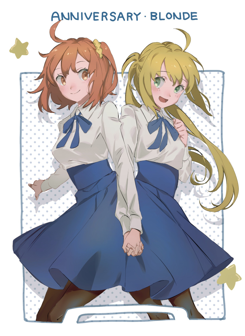 2girls, :d, ahoge, artoria_pendragon_(fate), blonde_hair, blue_ribbon, blue_skirt, blush