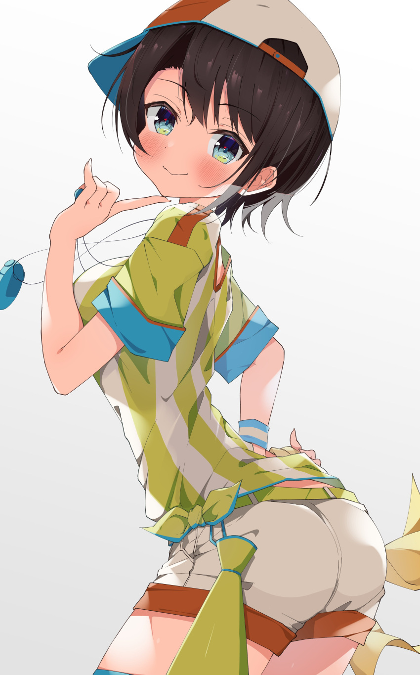 1girl, absurdres, backwards_hat, bangs, baseball_cap, blue_eyes, blush, brown_hair