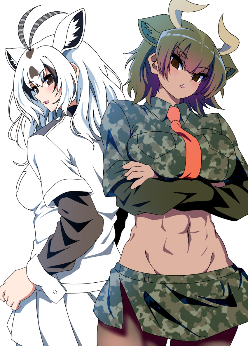 2girls, abs, animal_ears, antenna_hair, arabian_oryx_(kemono_friends), arms_at_sides, aurochs_(kemono_friends), bangs