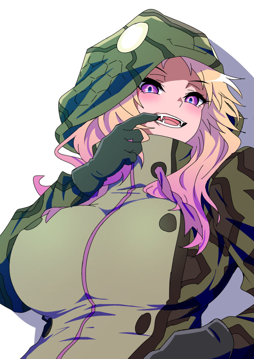 1girl, african_rock_python_(kemono_friends), blonde_hair, breasts, collared_jacket, drawstring, fangs, finger_in_mouth