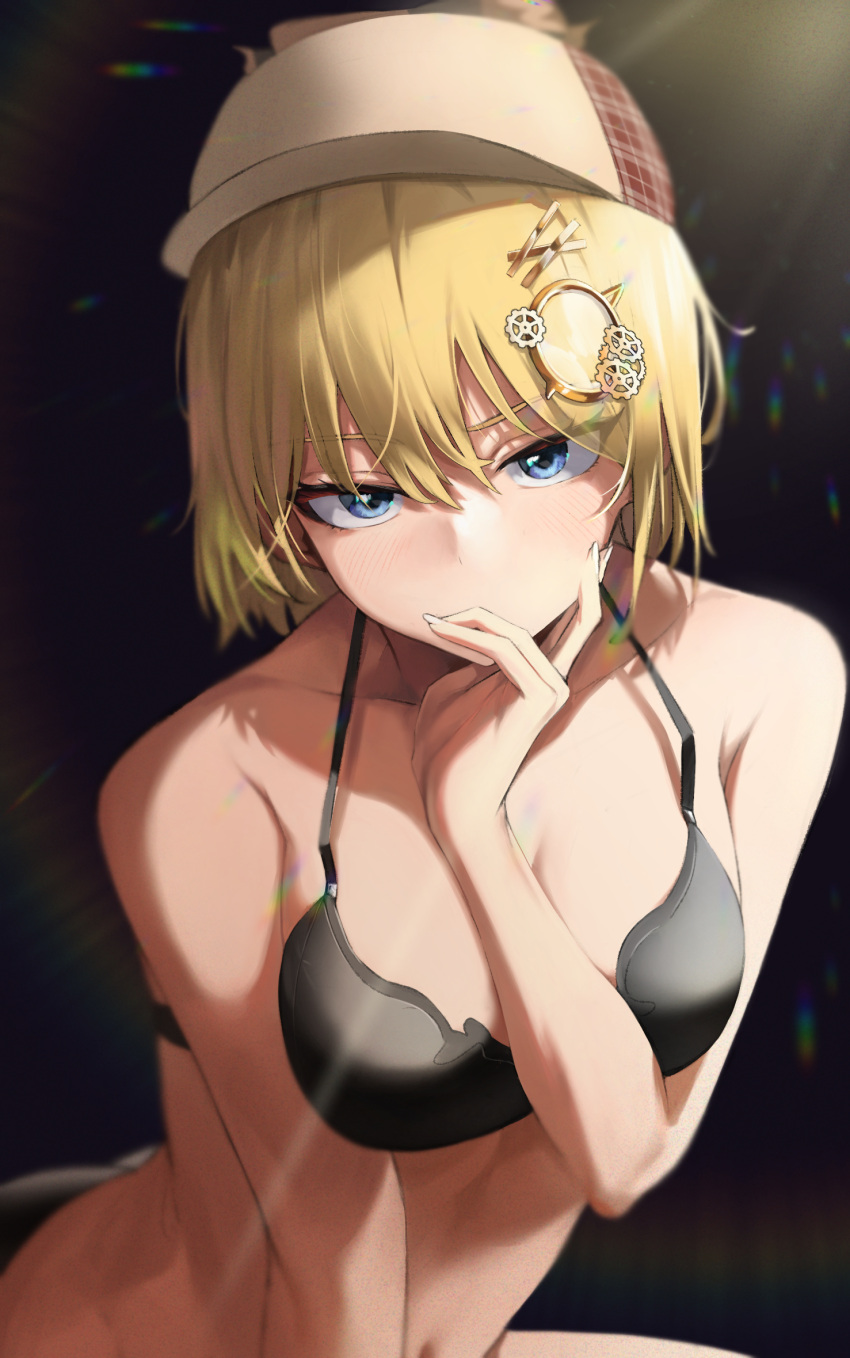 1girl, black_bra, blonde_hair, blue_eyes, blush, bra, breasts, deerstalker