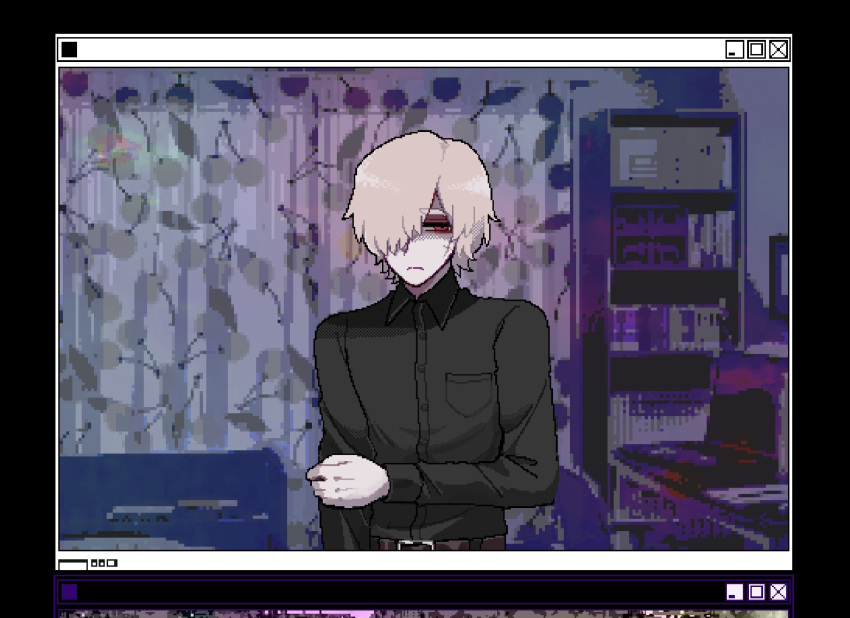 1boy, albino, andrew_kreiss, bags_under_eyes, belt, black_shirt, breast_pocket, buttons
