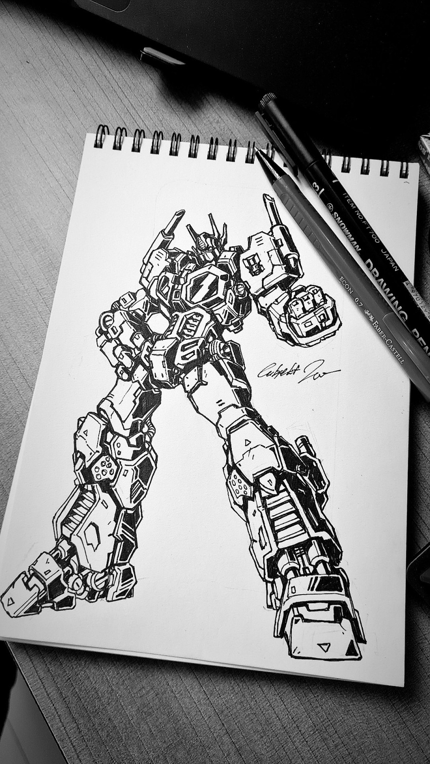 1boy, clenched_hand, greyscale, hand_on_hip, highres, ink_(medium), leaning_back, mecha