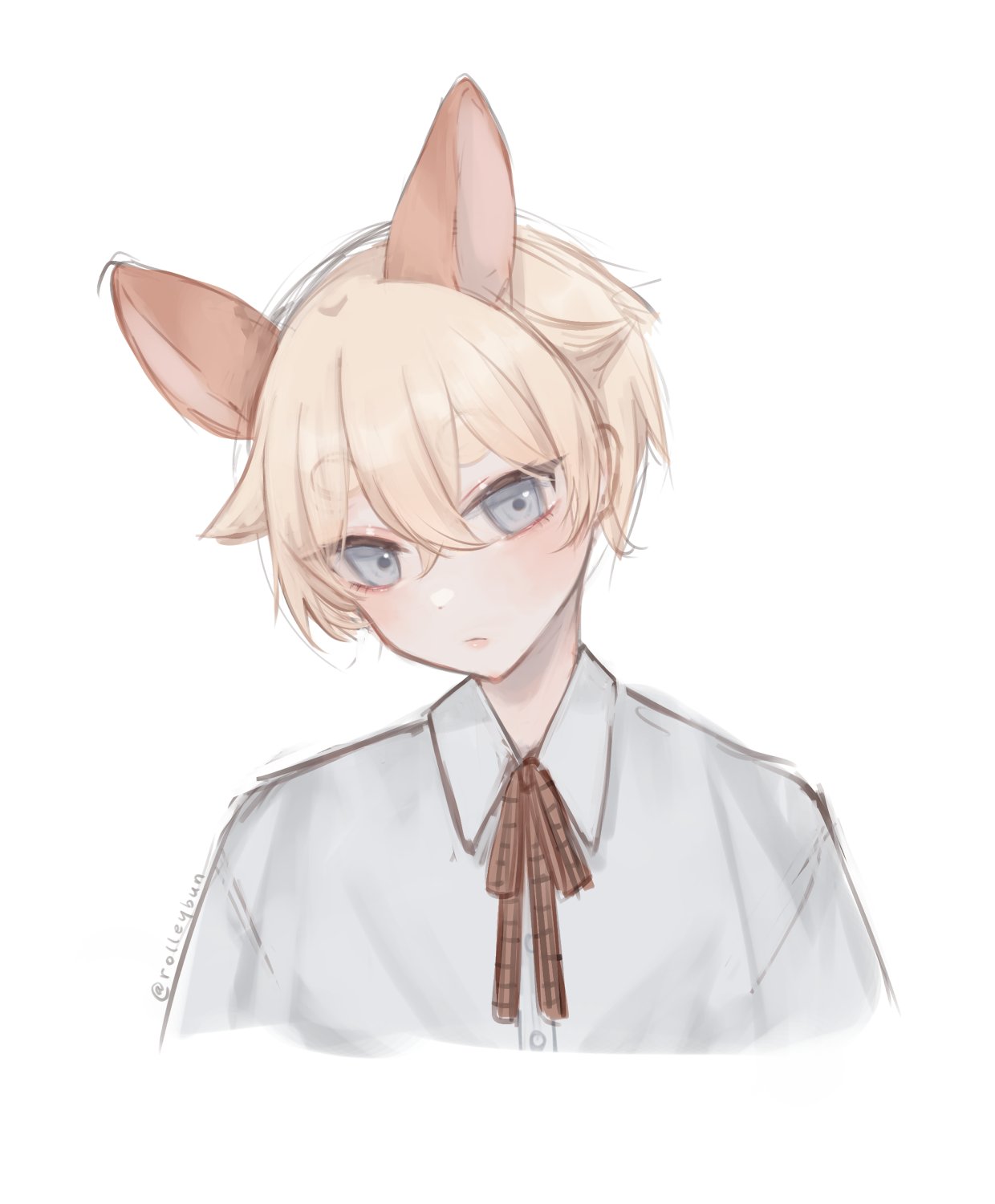 androgynous, animal_ears, blonde_hair, blue_eyes, blush, collared_shirt, highres, julie