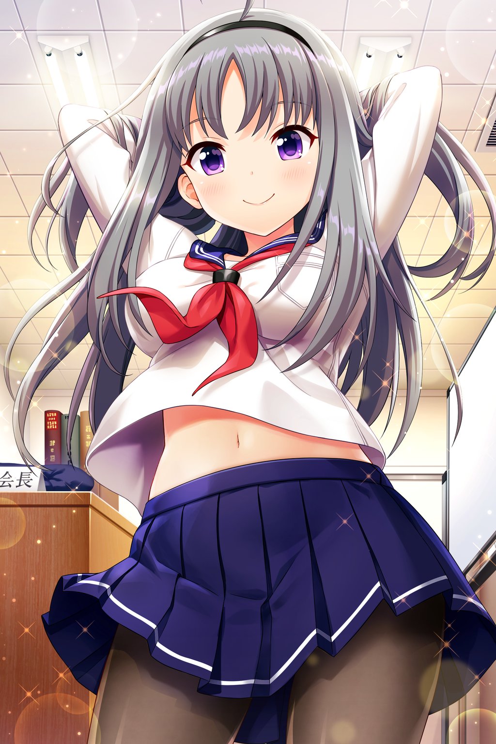 1girl, ahoge, alternative_girls, arms_behind_head, black_legwear, blue_skirt, book, classroom