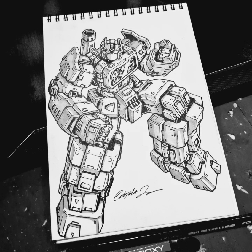 clenched_hands, decepticon, english_commentary, fighting_stance, greyscale, highres, ink_(medium), looking_at_viewer, mecha, monochrome, no_humans, notebook, pen, science_fiction, solo, soundwave, subjekt_zero, traditional_media, transformers