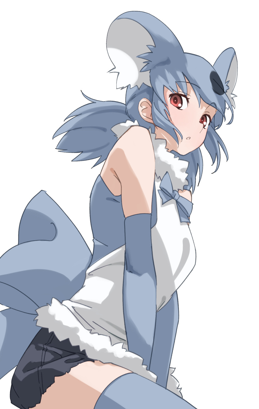 1girl, absurdres, animal_ears, bare_shoulders, between_legs, brown_eyes, elbow_gloves, extra_ears
