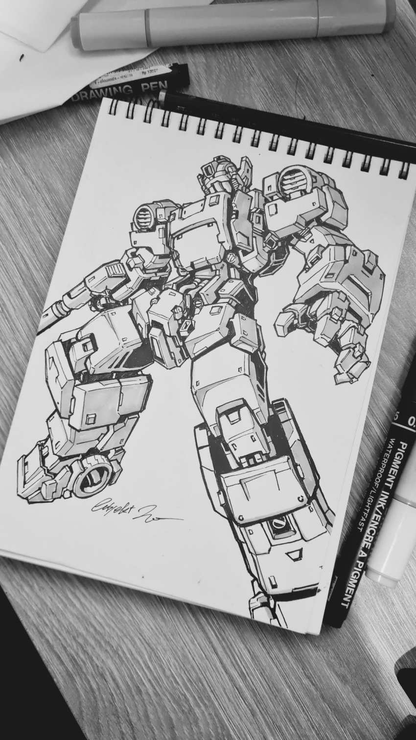 greyscale, gun, highres, holding, holding_gun, holding_weapon, ink_(medium), mecha
