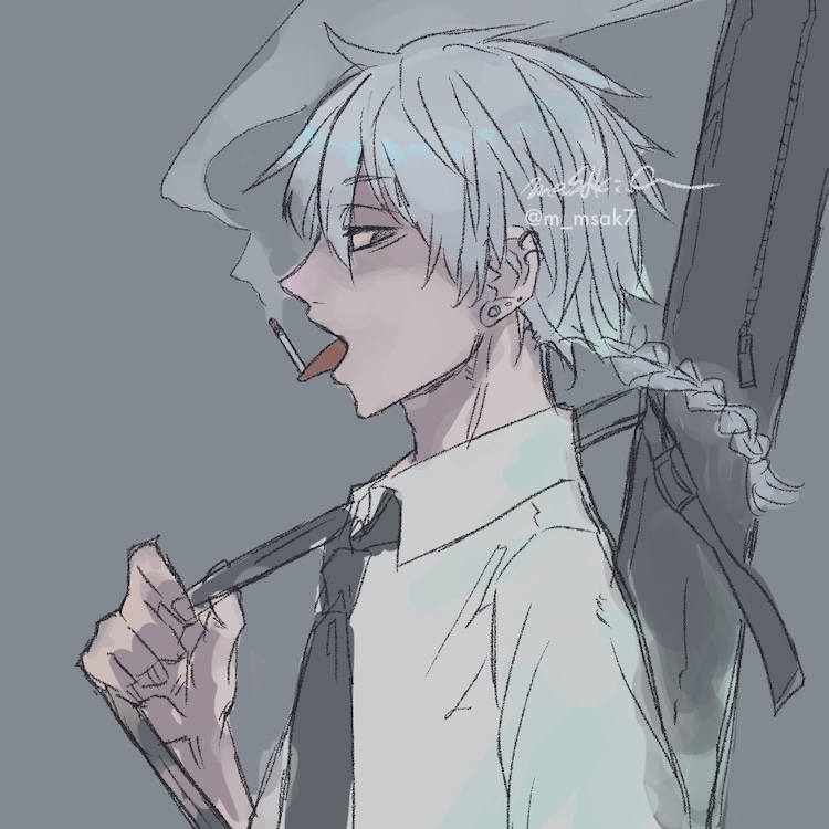 1boy, ayuzu_masaki, bangs, black_eyes, black_necktie, braid, braided_ponytail, cigarette