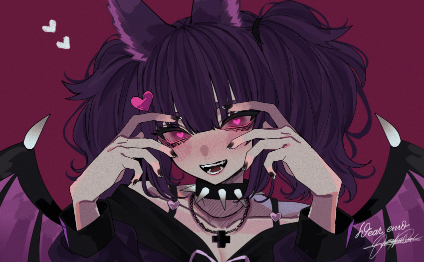 1girl, animal_ears, bat_ears, bat_girl, bat_wings, collar, cross, emo_shimo, hair_ornament, heart, heart-shaped_pupils, heart_hair_ornament, highres, looking_at_viewer, pale_skin, purple_hair, shumaku_owari, solo, spiked_collar, spikes, symbol-shaped_pupils, twintails, vdonburi, violet_eyes, virtual_youtuber, wings