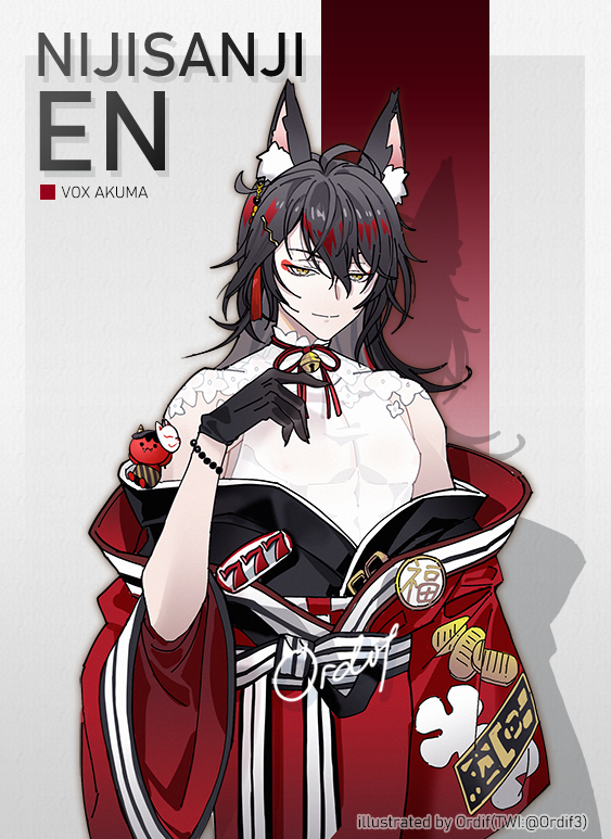 1boy, animal_ears, artist_name, bangs, bead_bracelet, beads, black_gloves, black_hair, black_kimono, bracelet, character_name, copyright_name, cosplay, english_commentary, eyeshadow, fox_boy, fox_ears, gloves, hair_between_eyes, japanese_clothes, jewelry, kemonomimi_mode, kimono, makeup, nijisanji, nijisanji_en, nina_kosaka, nina_kosaka_(cosplay), off_shoulder, oni_giri_(vox_akuma), ordif, red_eyeshadow, red_kimono, shadow, smile, solo, twitter_username, virtual_youtuber, vox_akuma, yellow_eyes