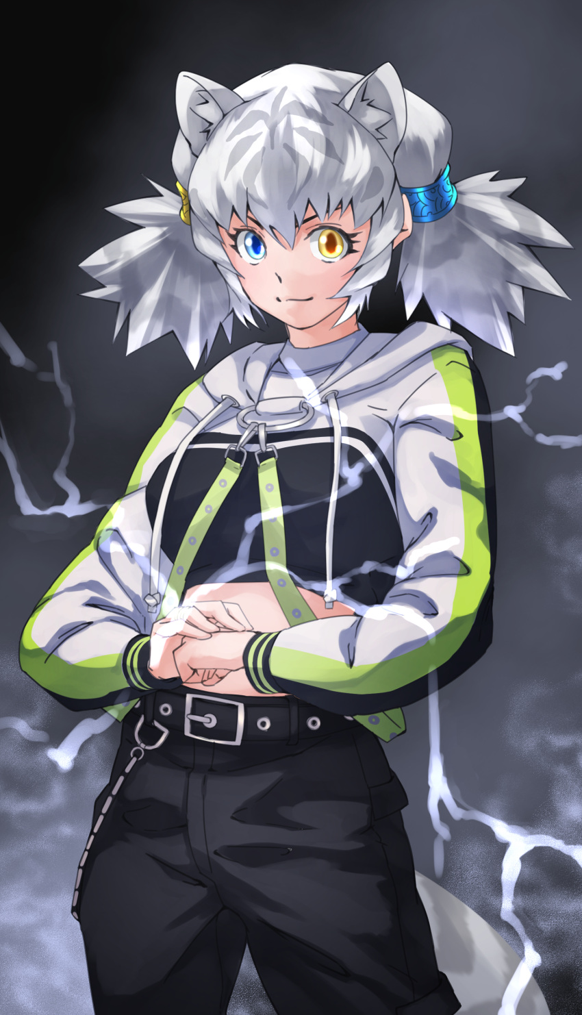 1girl, absurdres, alternate_costume, animal_ears, bangs, belt, black_shorts, blue_eyes